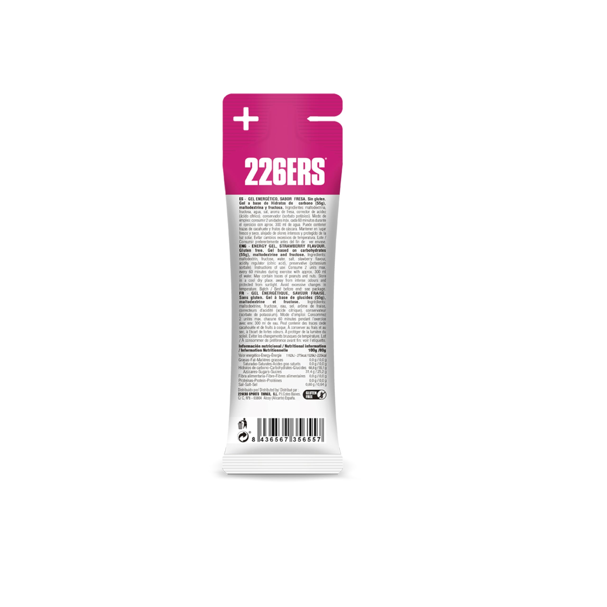 226ERS - High Fructose, Gel Energético para Deportistas, con Maltodextrina y Fructosa, Vegano y Sin Gluten, Aporte Hidratos de Carbono, Sabor Fresa, 1 Gel x 80 g