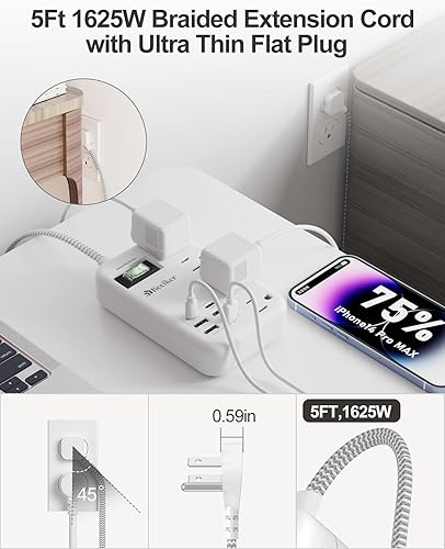 Miniatura 4 de Tira de alimentación con protector de sobretensiones de 6 USB (2 USB C) - Regleta de alimentación de viaje de 5 pies con estación de carga USB de