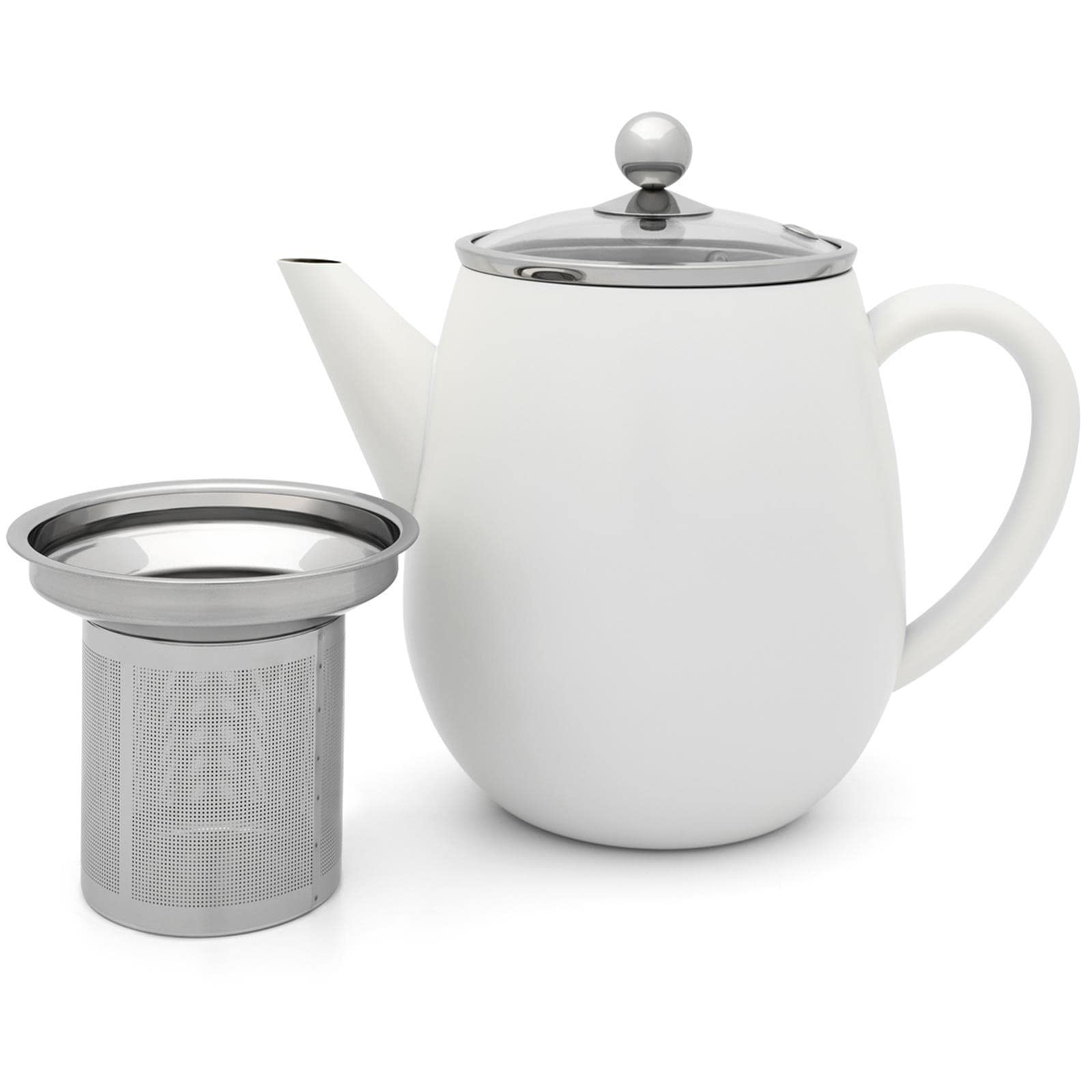 Bredemeijer doppelwandige Teekanne 1.1 Liter - weiße Edelstahl Kanne mit Glasdeckel - Tee-Filter Sieb-Einsatz & schwarzen Holzuntersetzer - ideal für losen Tee