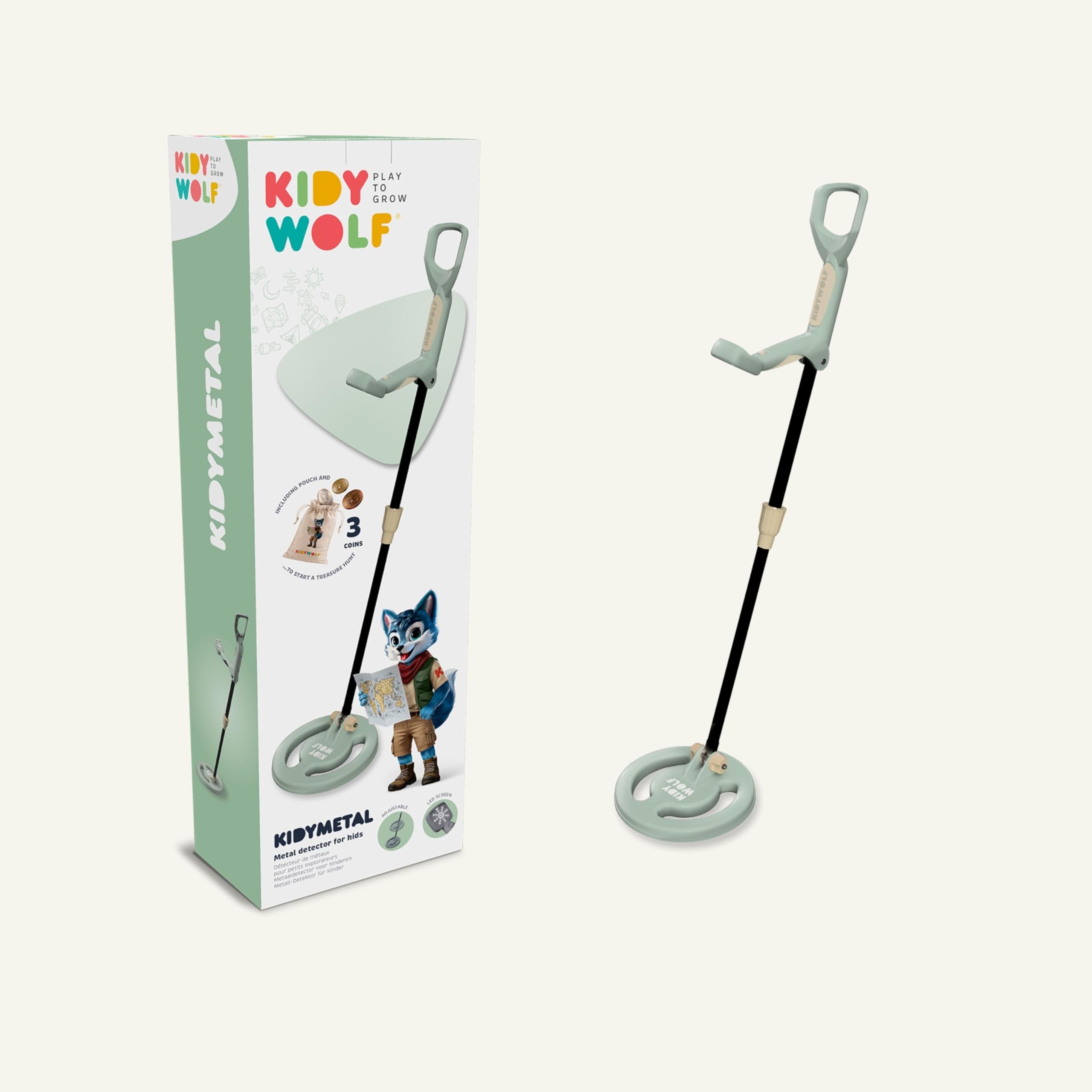 KIDYWOLF - KIDYMETAL - Détecteur de Métaux Enfant Rechargeable 6ans+ | Bras télescopique, pliable et réglable en hauteur, détection précise, kit complet de chasse au trésor