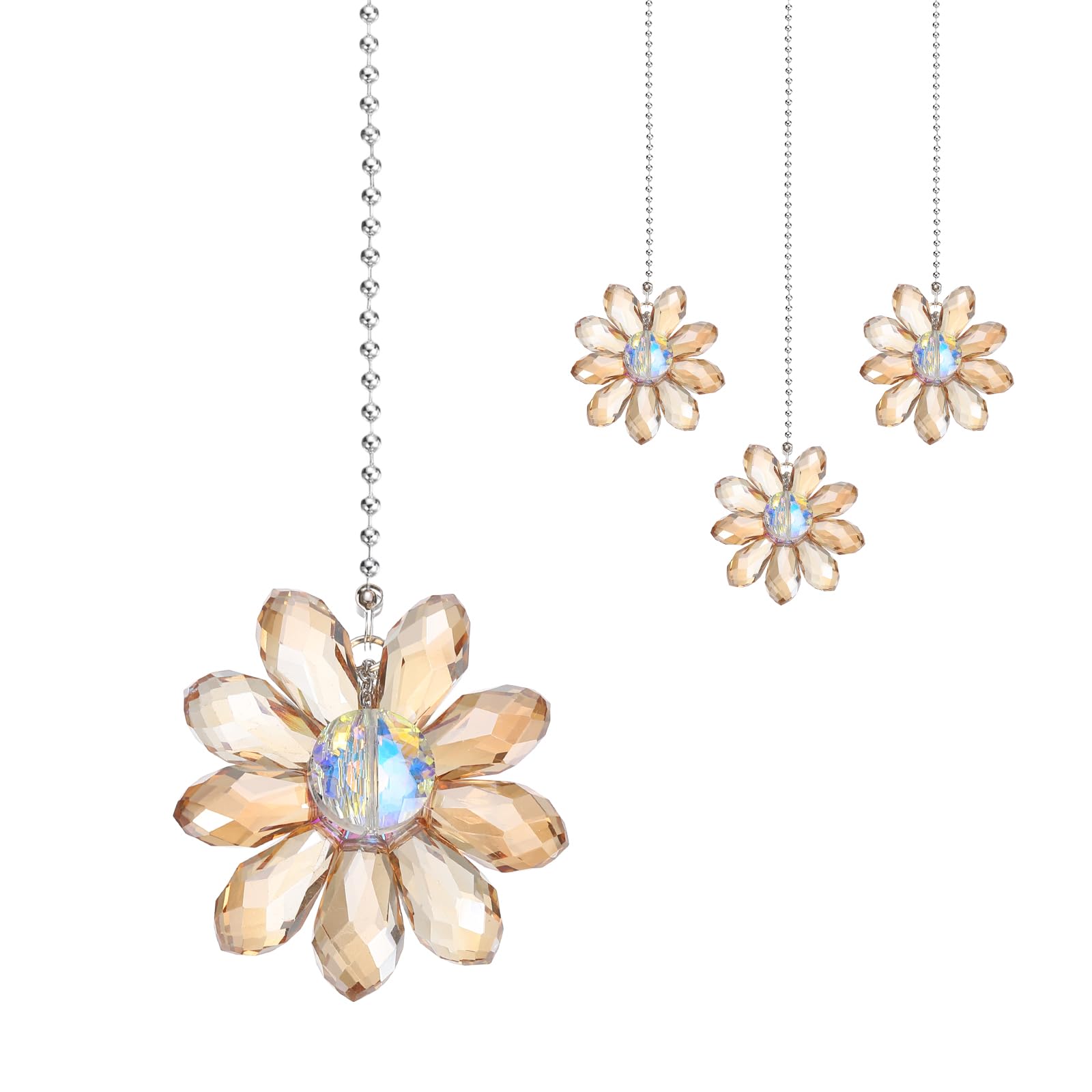 sourcing map 4Pack Ceiling Fan Pull Chain, 24 Inch Decorative Ornaments Crystal Flower Pendant Pull Chain Extender for Ceiling Fans Light Lamp, Champagne