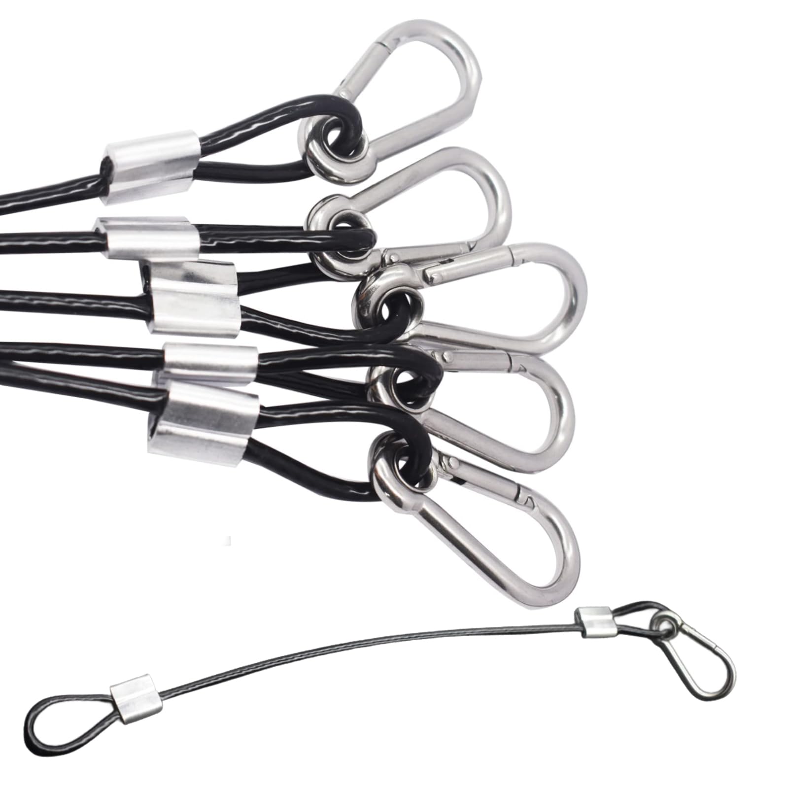 5 pcs 12 inch Vinyl Cover Coated Stainless Steel Wire Rope Lanyard Cable Tether Safety Strap with Hooks and 2 Loops (4mm Thickness), Black
