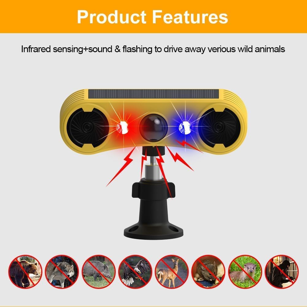 Alarma solar con sensor de movimiento – 13 sonidos, alarma de doble altavoz de 129 dB + LED rojo y azul parpadeante advertencia para patio, granja, jardín, huerto, granero (paquete de 2)