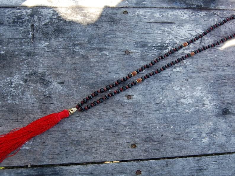 Mala 108 grains bois rouge noir collier de prière bouddhiste de 6-8mm - 2