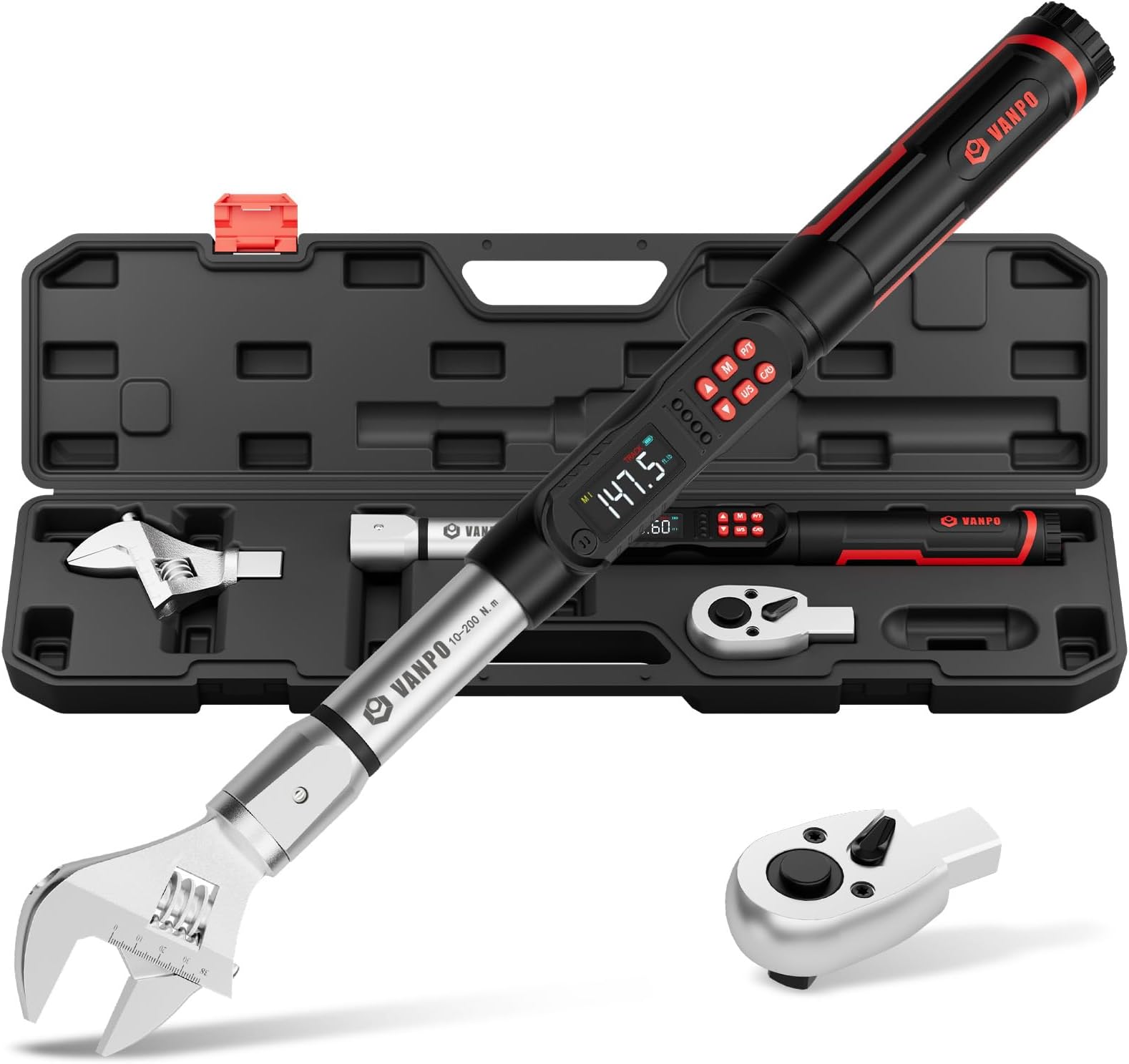 VANPO Adjustable Digital Torque Wrench, 7.4-147.5Ft.lb/10-200Nm, ±2% Accuracy, HVAC Torque Wrench Interchangeable 38mm Jaw & 1/2" Ratchet, Buzzer, Vibration and LED Alert for Split AC, Car