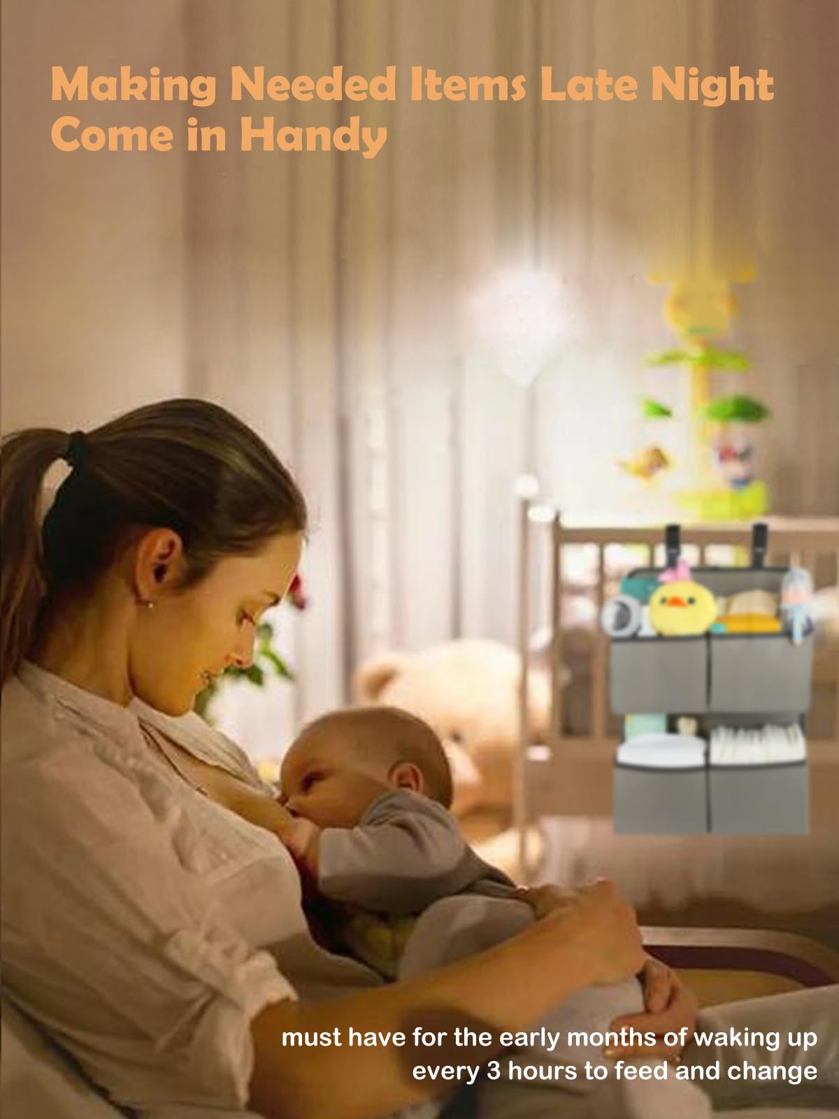 Organizador de pañales colgantes para cuna/playpen/basinet - Hold 80+ Diapers - 4 bolsillos profundos - H19 pulgadas x L15 in cambiante soporte para diapasón de mesa - Colgador de pañales