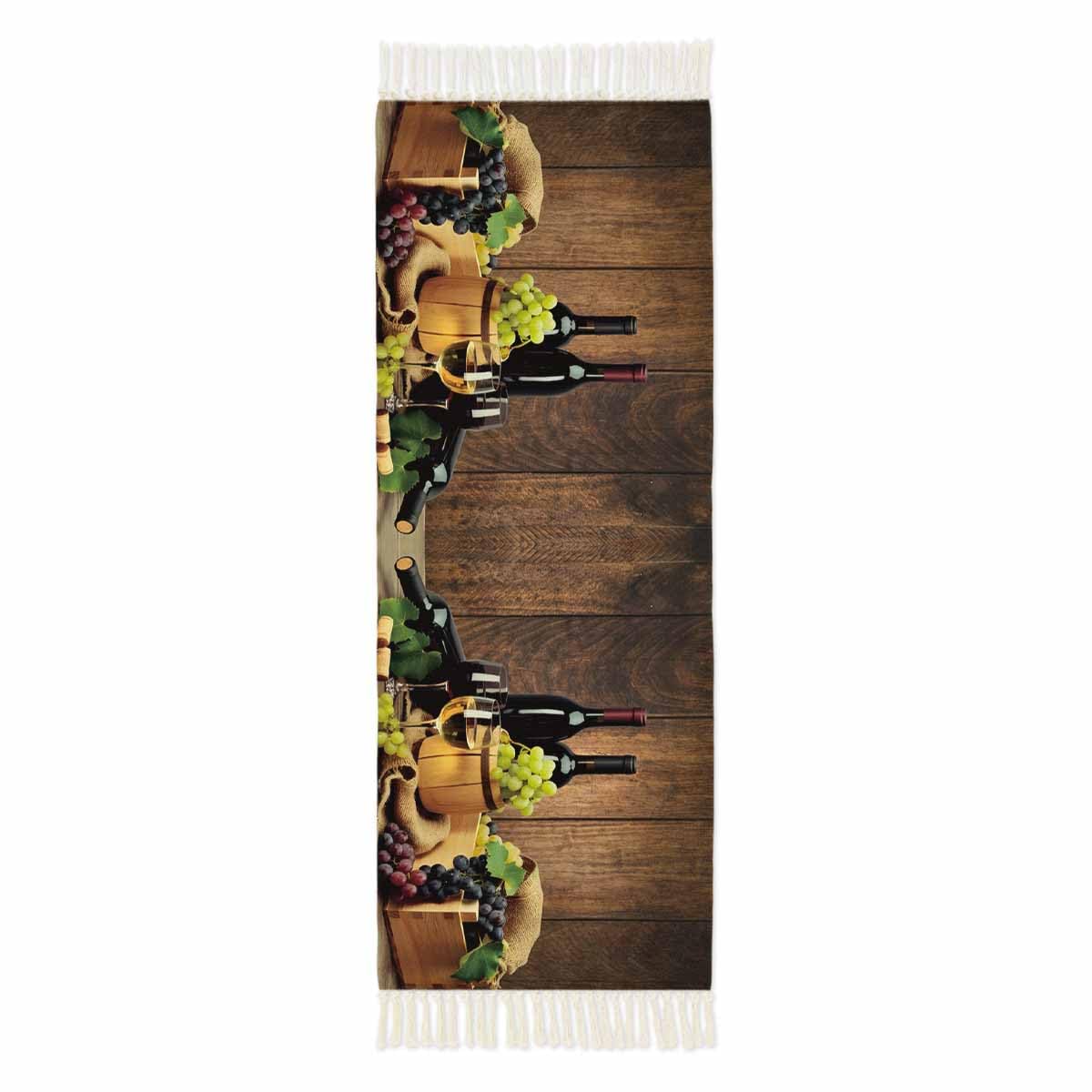 Espaeiae Runner Rug for Hallway 2x3ft, Glasses Wine Grapes Wine Barrels on Rustic Wooden Grain Washable Runner Rugs with Tassels Woven Floor Carpet