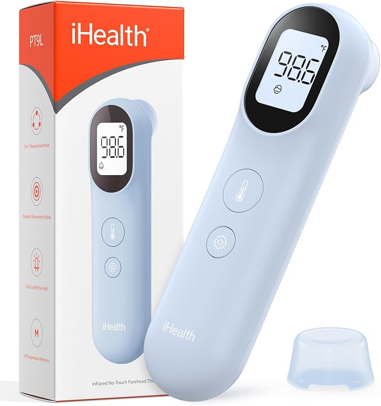 Infrared Digital Thermometer for Adults, Kids, Baby PT9L Blue | 3-in-1 Mode & 3-Color Prompt, Fever Alarm & Silent Mode, Forehead & Object Detection, 40 Memory Storages
