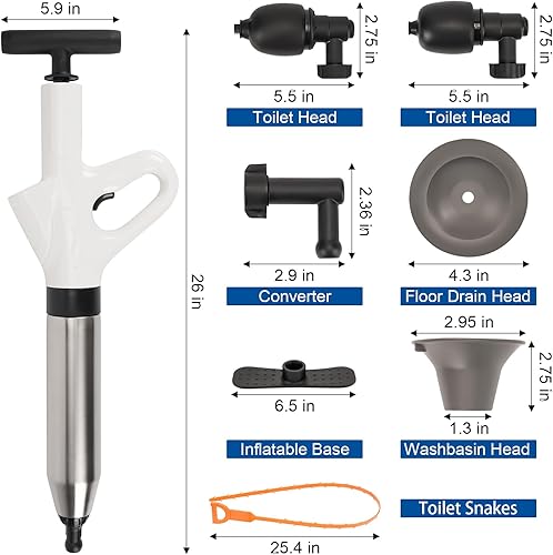 Miniatura 8 de TOOVEM - Juego de émbolo de inodoro (8 piezas), removedor de obstrucciones de inodoro de alta presión, potente equipo de dragado neumático manual,