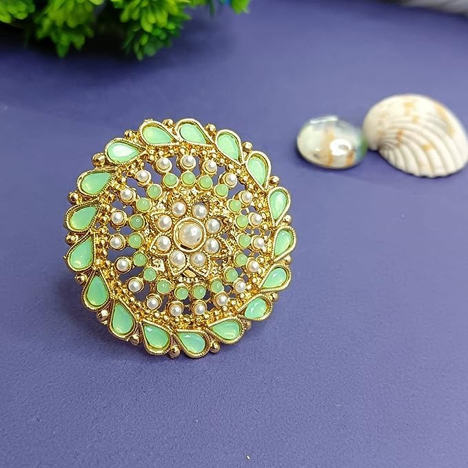Efulgenz Indian Jewelry Rings for Women Antique Round Faux Pearl Crystal Bollywood Adjustable Big Finger Ring Fashion Party Statement Jewelry for Women2