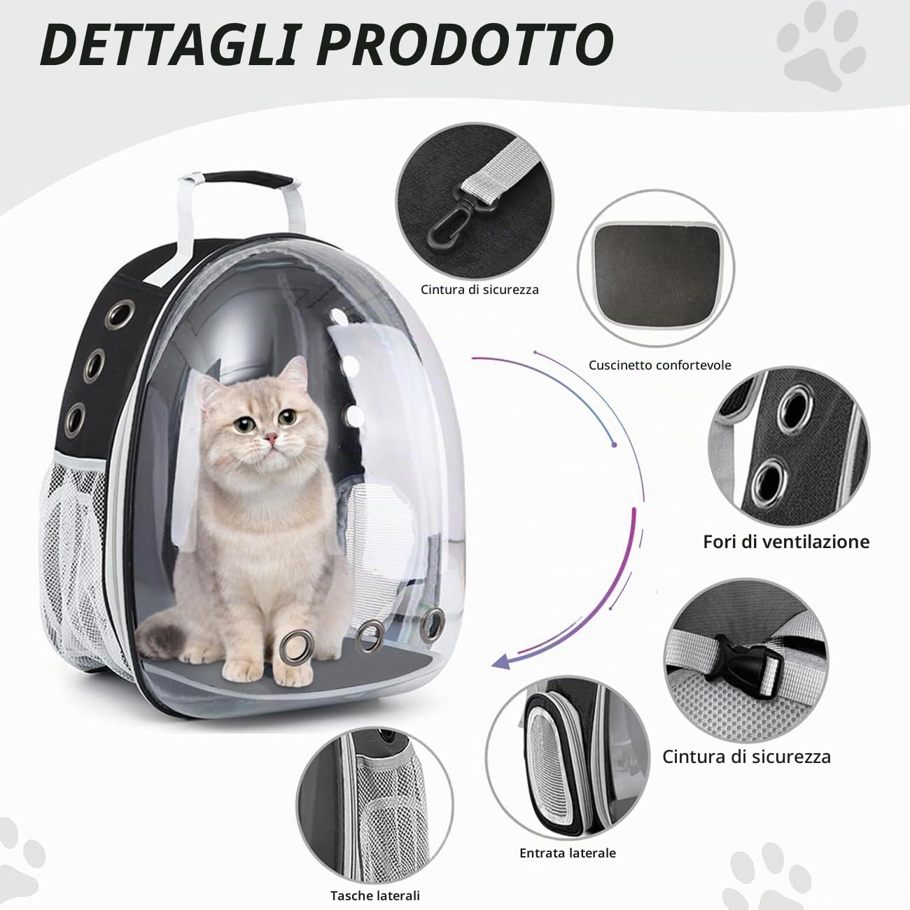Zaino per Cani Gatti, Grande Porta Animali Espandibile, Zaino a capsula spaziale per animali domestici, con 9 ingressi Zaino Traspirante Porta Cuccioli Pieghevole (Nero, Fronte Espandi)