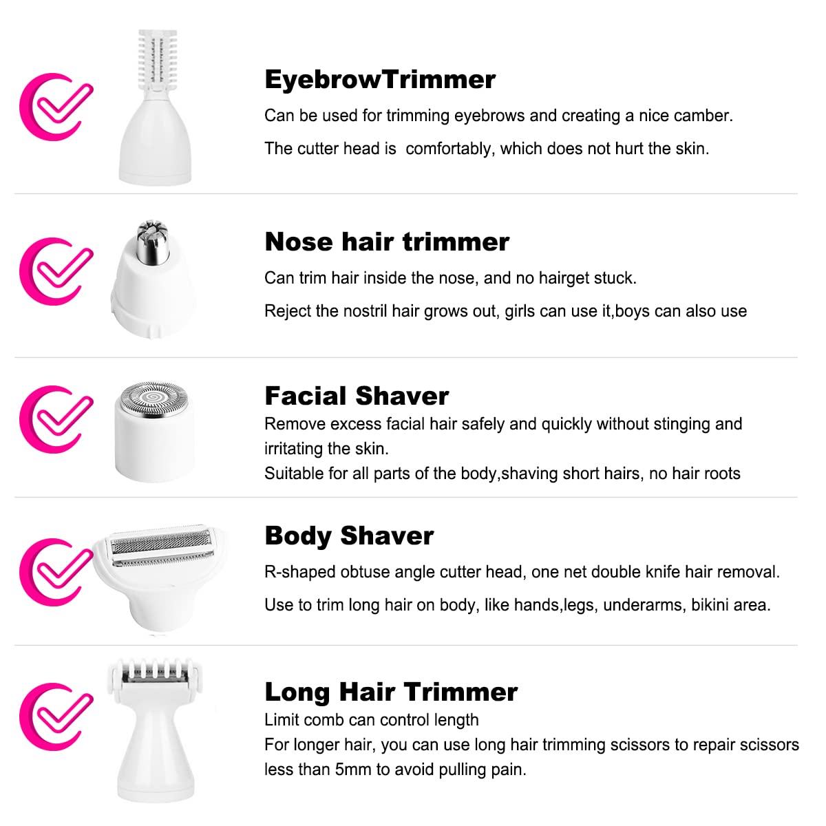Maquinilla de afeitar eléctrica para mujer, eliminación de vello corporal, nariz, recortadora facial, afeitadoras de cejas, piernas, axilas, área de bikini, axilas púbicas, sin dolor, recargable 4