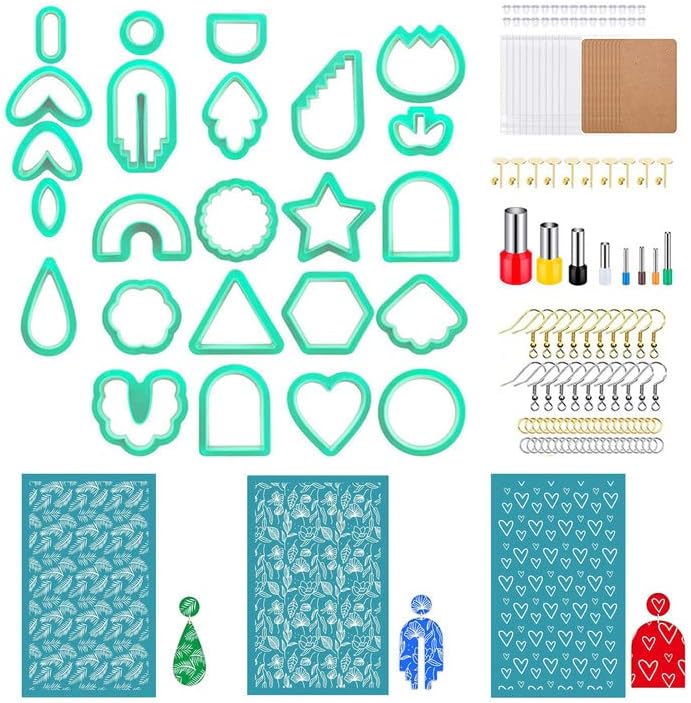 Silk Screen Stencils for Polymer Clay,145Pcs Polymer Clay Cutters Set Include 3 Reusable Silk Screens Printing Kit 24 Clay Earring Cutters with 118 Earrings Accessories for Polymer Clay Jewelry Making