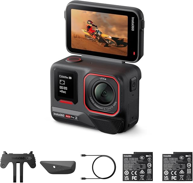 Insta360 Ace Pro 2 Numéro de batterie double SD Card-8K Caméra d'action étanche co-ingénieur avec Leica, capteur 1/1.3", double AI Chip, Leading Low Light, Superior Audio, Écran Flip & AI Édition