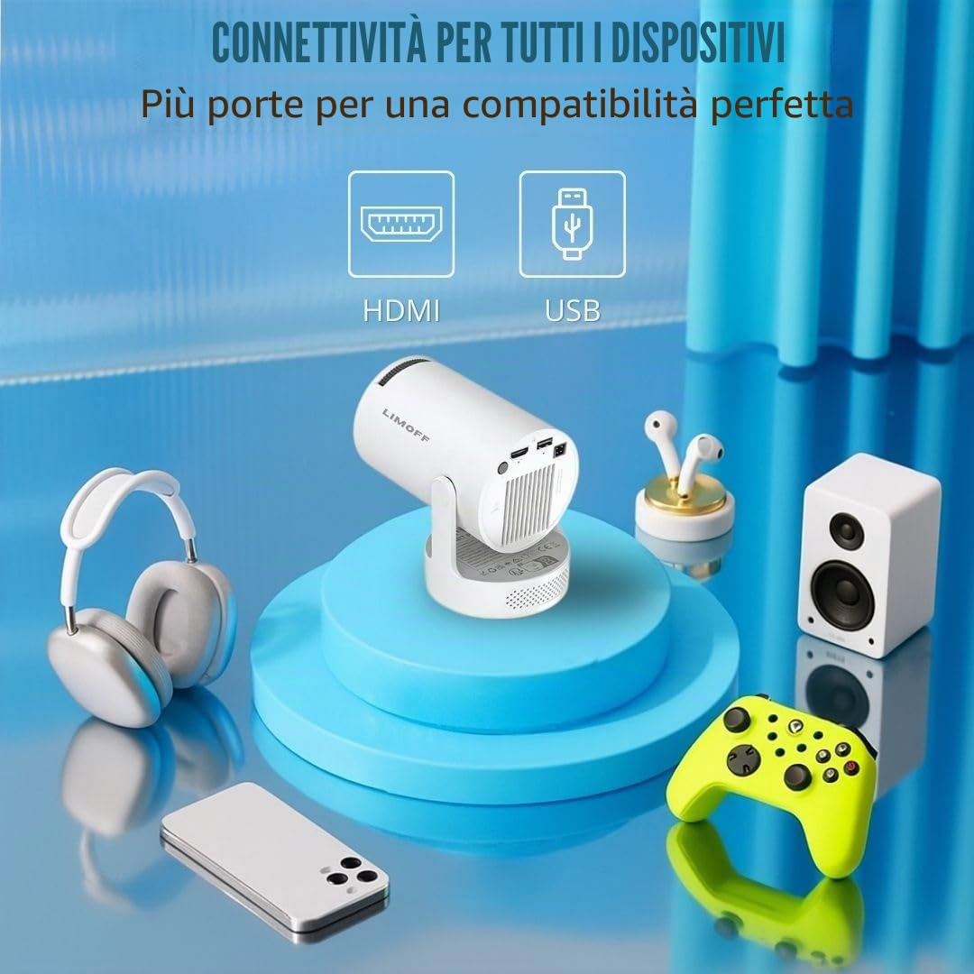 Mini proiettore 1080P Full HD supporto & 720P nativo, portatile WiFi 6 e Bluetooth 5.4, piccolo auto Keystone e rotazione 180°, compatibile con HDMI/TV Stick