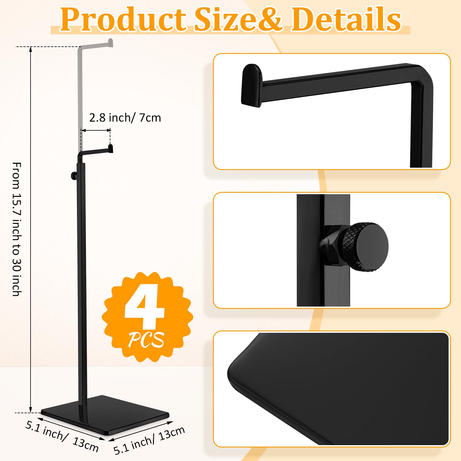 Maitys 4 Pack Purse Display Stands, Adjustable Height Handbag Display Stand Metal Bag Display Rack Handbag Stand Holder Single Hanging Hook Bag Stand for Boutique Store (Black)