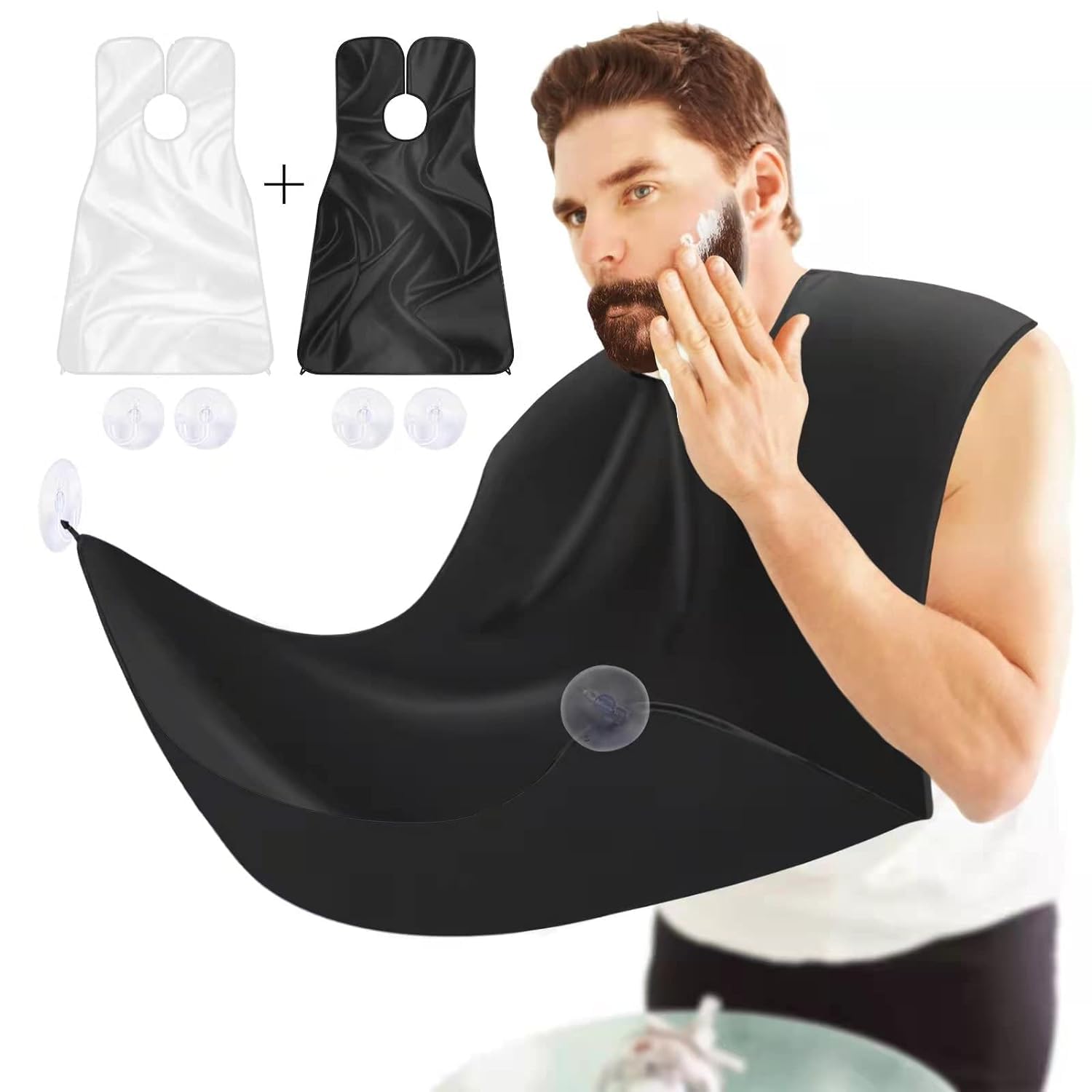 Azonee Beard Bib Apron 2Pcs Hair Catcher for Men Shaving Trimming Non-Stick Cape Grooming Cloth Waterproof With Strong Suction Cup (Black+White, One Size)