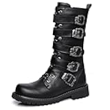 Men's Black Leather Lace Up Multiple Fasciculi Knee High Motorcycle Boots with Side Zipper Round Toe Bike Riding Punk Rock Y2K Cowboy Western Tactical Army Boot