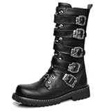 Men&apos;s Black Leather Lace Up Multiple Fasciculi Knee High Motorcycle Boots with Side Zipper Round Toe Bike Riding Punk Rock Y2K Cowboy Western Tactical Army Boot