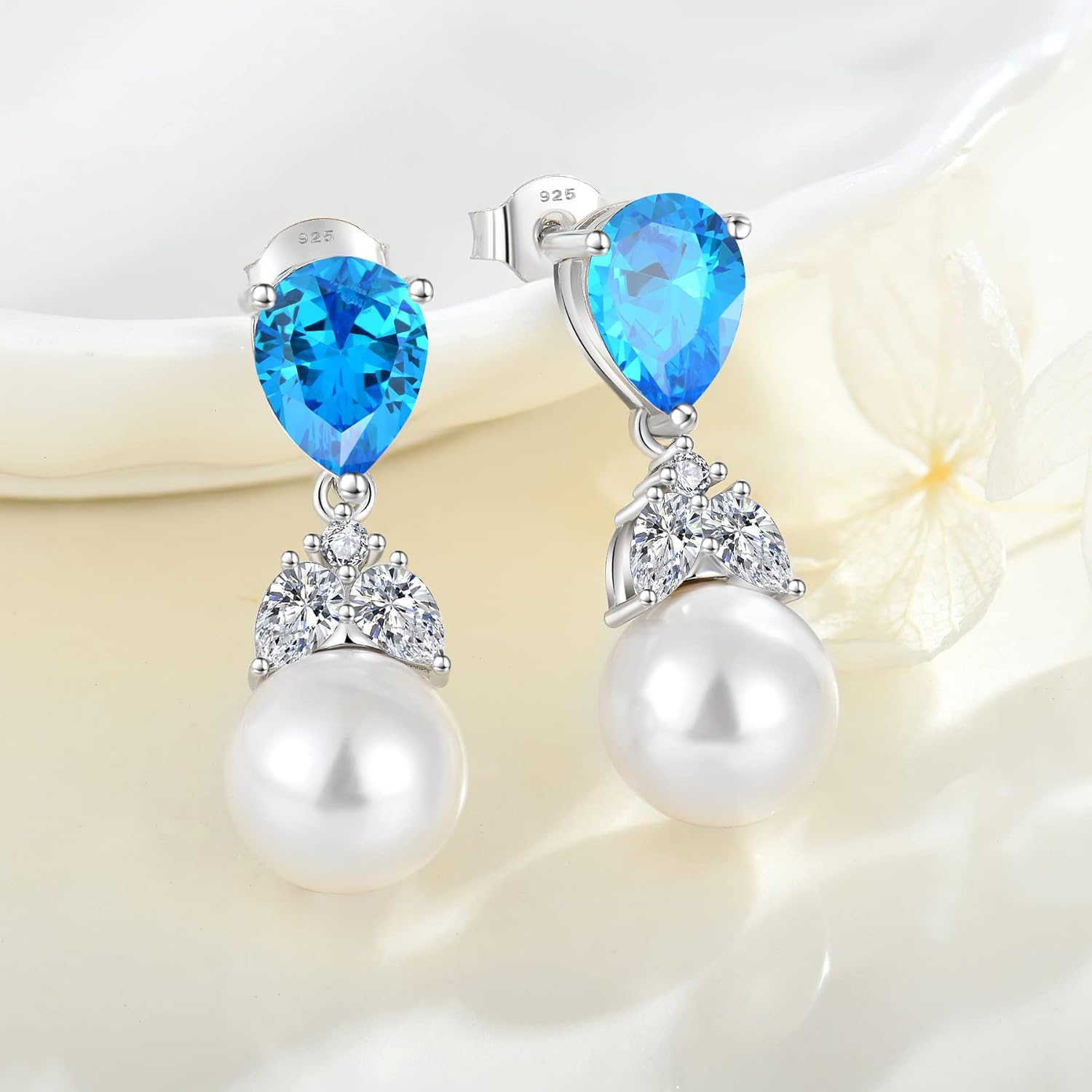 Women Pearl Earrings 925 Sterling Silver Teardrop Cubic Zirconia Pearl Dangle Bridal Wedding Earrings with 10mm Simulated Pearl Birthstone Earrings for Women Gift - Image 3