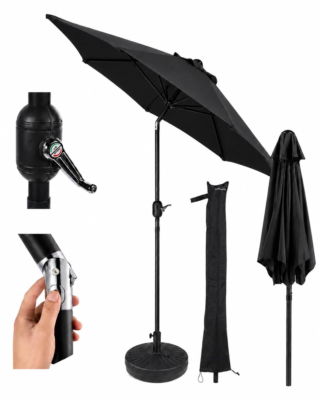 Alfresia Black 2M Garden Parasol With Base & Waterproof Cover, Crank Handle & Tilt Function, Water-Resistant Patio Umbrella With Steel Pole & 6 Ribs, Outdoor Sun Shade For Garden & Patio