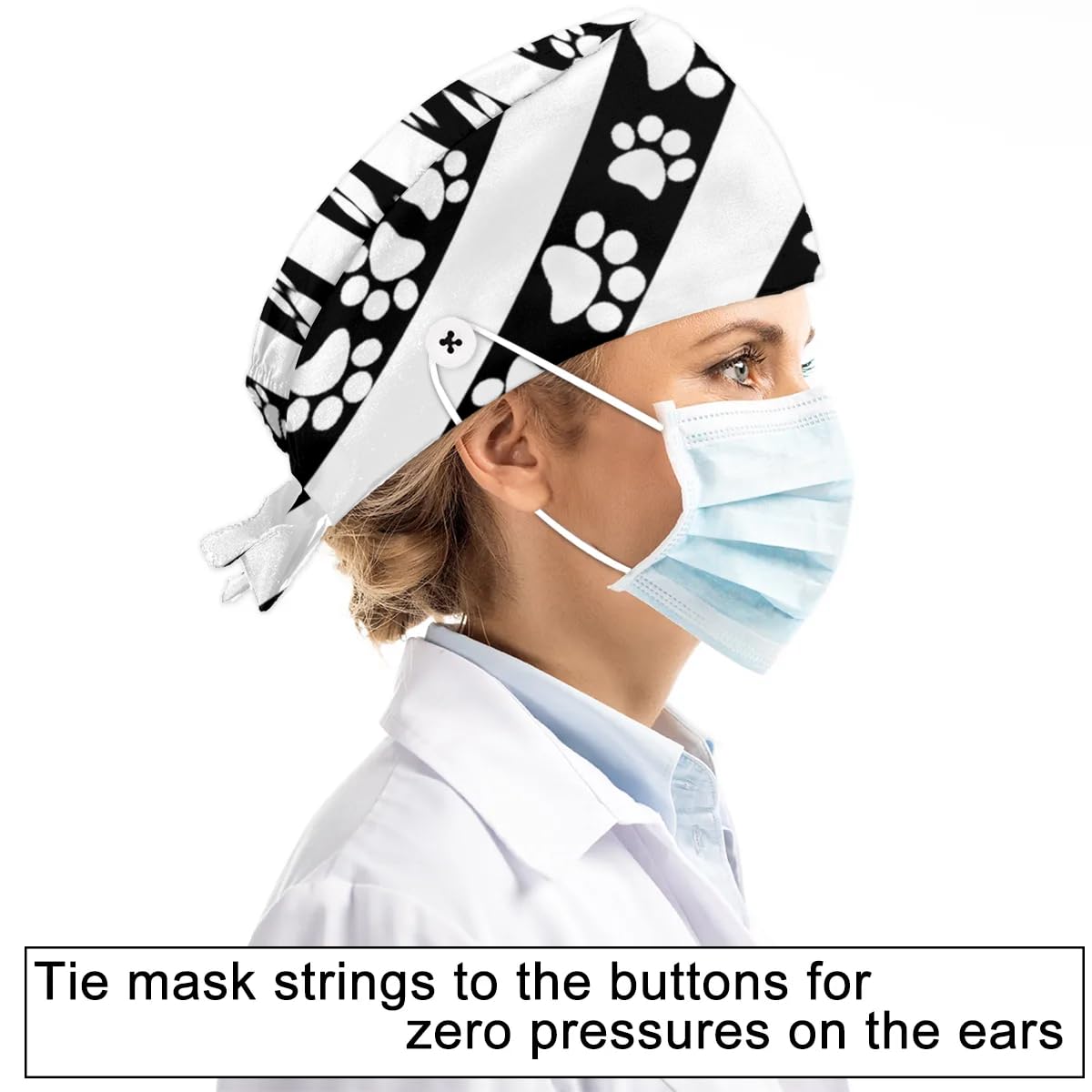 Mularoka Striped Dog Paws Working Caps with Button Sweatband Comfortable Adjustable Bouffant Hats Work Hat for Women Men