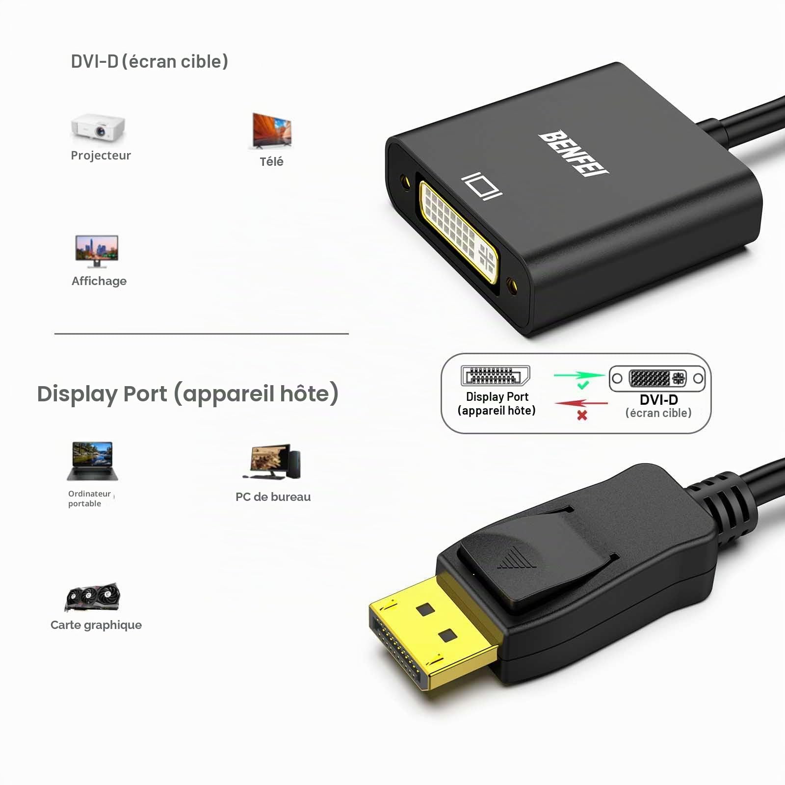 BENFEI Adaptateur DisplayPort vers DVI-D mâle vers Femelle Noir Compatible Lenovo Dell HP