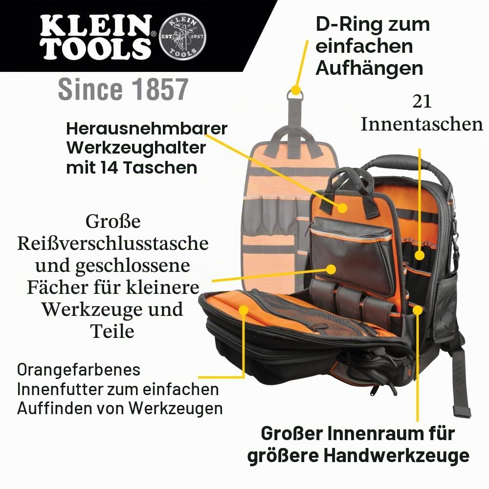 Klein Tools 55485 Werkzeug-Rucksack | 48 Fächer | Strapazierfähiger Elektriker-Rucksack mit Hartschalenboden | Abnehmbare Werkzeugtasche | Wasserdichtes Bodenfach | Profi-Qualität