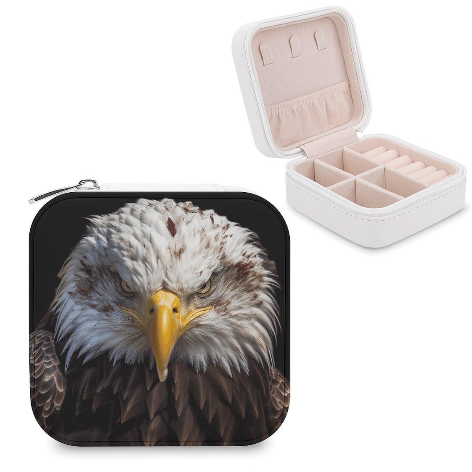 VstaDank Bald Eagle American Flag Travel Jewelry Case Zipper Portable Small Jewelry Box Custom Pu Leather Mini Traveling Jewelry Organizer for Rings Earrings Necklace Bracelet Girls Women