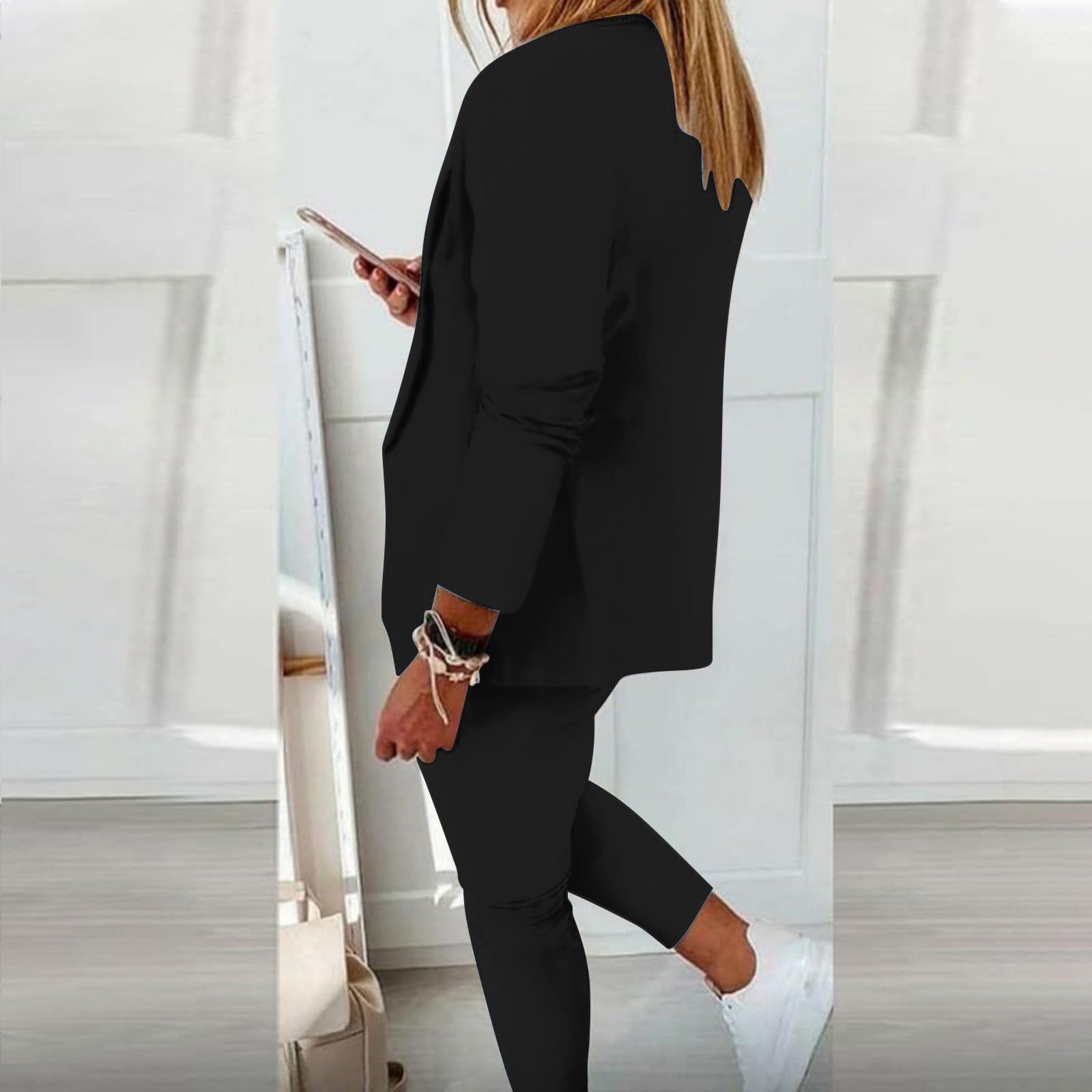 Generisch Hosenanzug Damen Elegant 2 Teilig Hosenanzug Langarm Business Anzug Set Zweiteiler Einfarbig Blazer Hose Festlich Lange Hosenanzüge Slimfit Streetwear Frauen Baumwolle Freizeitanzug