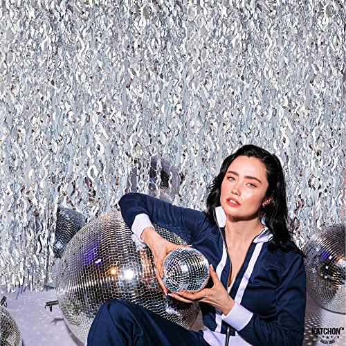 Image of KatchOn, Wavy Silver Foil Fringe Curtain - XtraLarge, Pack of 2 | Silver Disco Backdrop for 25th Anniversary Decorations, Disco Party Decorations | Bachelorette Birthday Decor, Silver Party, Wedding