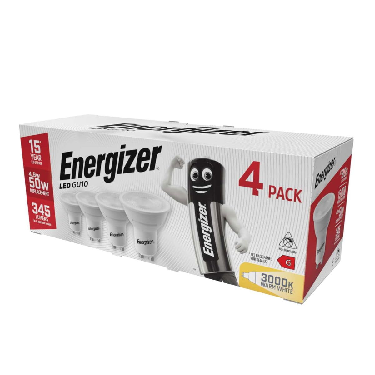 EnergizerGU10 4.9W 50W Replacement LED Bulb 4 Pack (Warm White Non Dimmable)