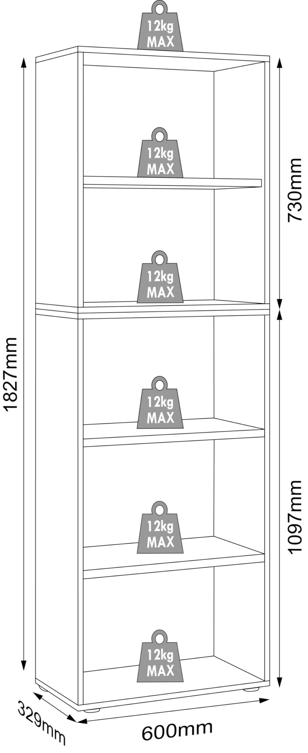 VCM Holzregal stehend, platzsparender Aktenschrank, Maße ca. B. 60 x H. 183 x T. 33 cm, Elegantes Regal, Büroregal – Salia 5fach B. 60 cm