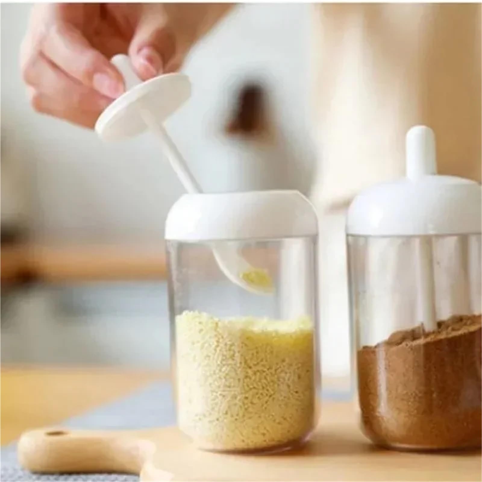 Tarro de especias redondo con tapa, cuchara, botella condimento, caja sellado, organizador cocina, 2 uds(Grey)