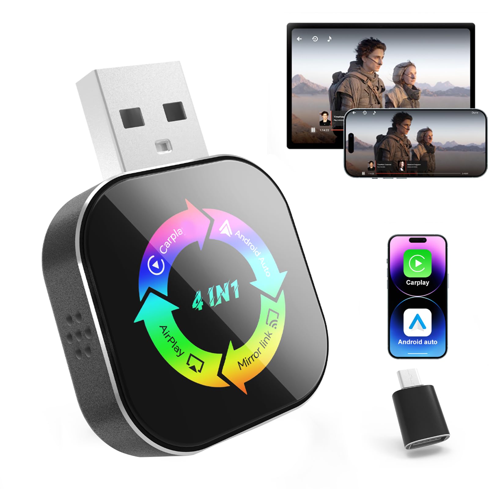 2026 Upgraded Wireless Carplay Adapter, 4 in 1 Screen Mirroring Support Mirror Link/AirPl…