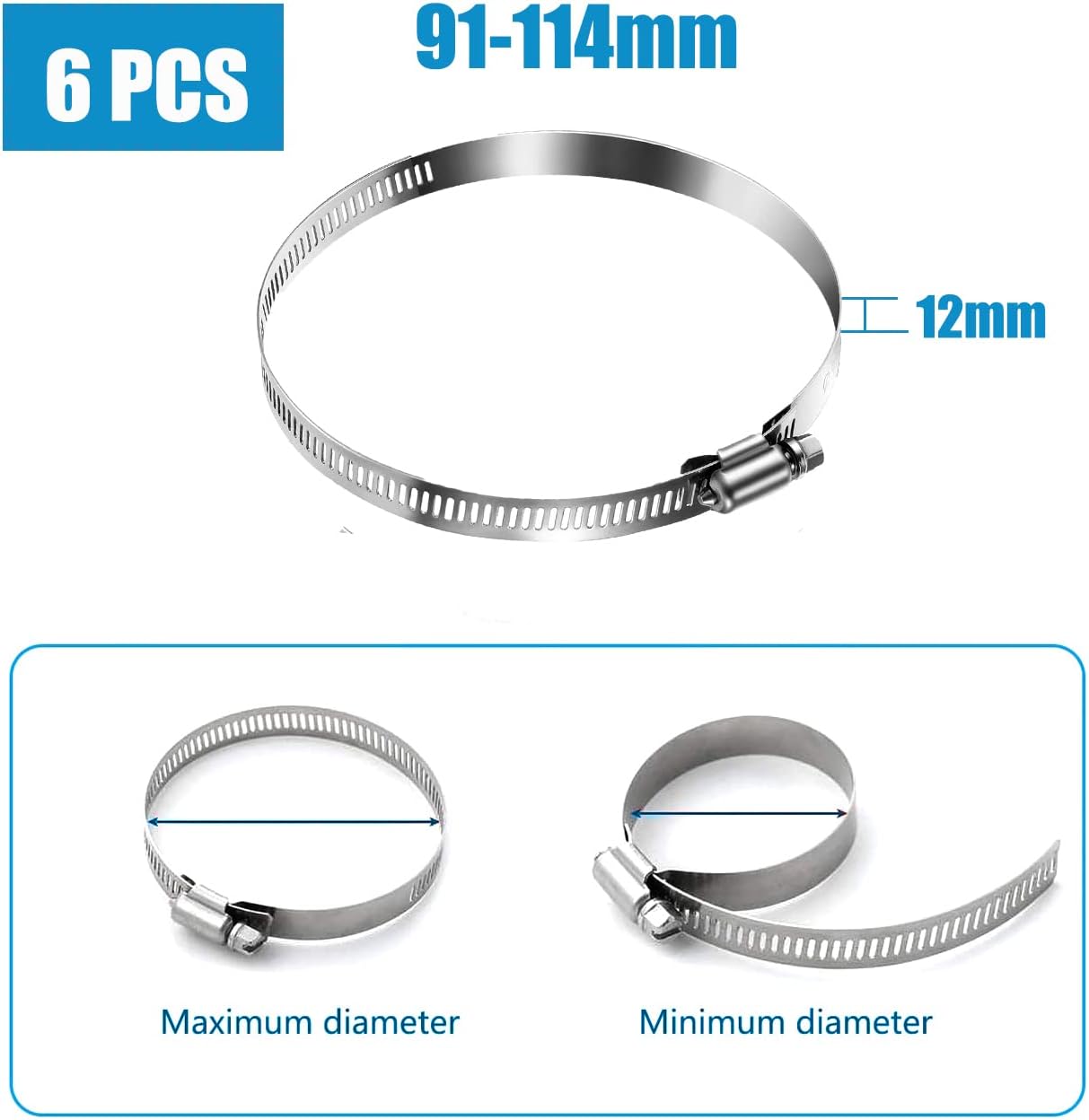 Litensh 91-114mm Stainless Steel Hose Clips, 6PCS Worm Gear Hose Pipe Clamp Adjustable Jubilee Clips - Image 4