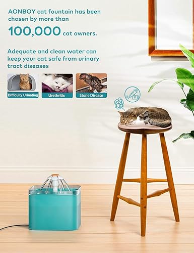Miniatura 8 de AONBOY Fuente de agua para gatos de acero inoxidable, ultra silenciosa, 67 oz2 L, con luz LED, filtro de carbón activado, fuente de agua para
