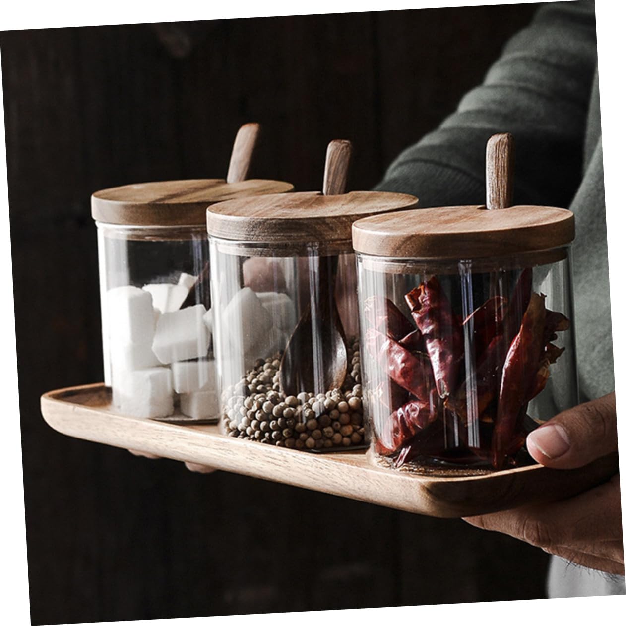 Lurrose Gewürzglas Satz Holz Glas Mit Deckel Und Löffel Kleiner Gewürztopf Für Küche Haushalt Picknick Bpa Frei Sichere Aufbewahrung Verschiedener Gewürze