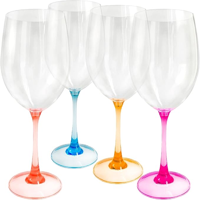 Lily's Home Unbreakable Stemmed Red Wine Glasses, Made of Non Breakable Shatterproof Plastic, Indoor and Outdoor Drinkware, Reusable and Dishwasher-Safe, 22 oz. Each, Set of 4 (Multi Color Stem)
