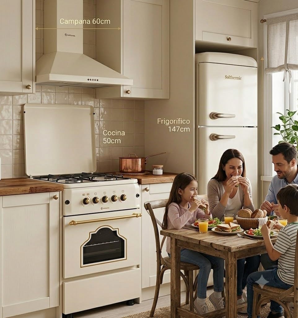 SOLTHERMIC PACK 3 EN 1 CREMA RÚSTICO COCINA GAS F5S40G2 4 JUEGOS HORNO AMPLIO + CAMPANA DECORATIVA 60 CM Y FRIGORIFICO 2P F2PR147C 1,47 x 55 gran capacidad de HASTA 220L y bajo consumo