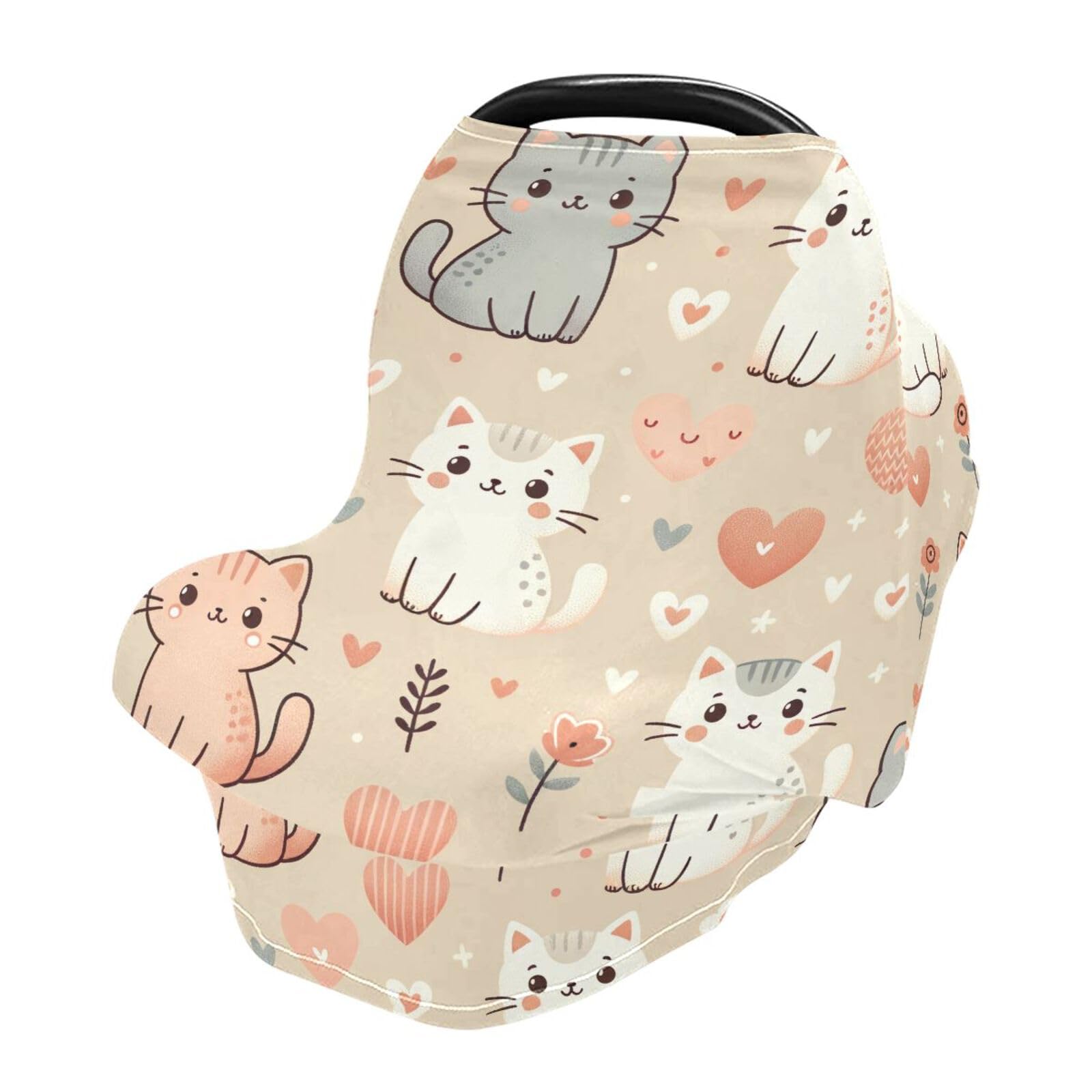 Nesatuwa Baby Car Seat Cover Cute Cats Hearts Breastfeeding Covers Stretchy Breathable Multi-Use Cover Carseat Canopy for Girls and Boys