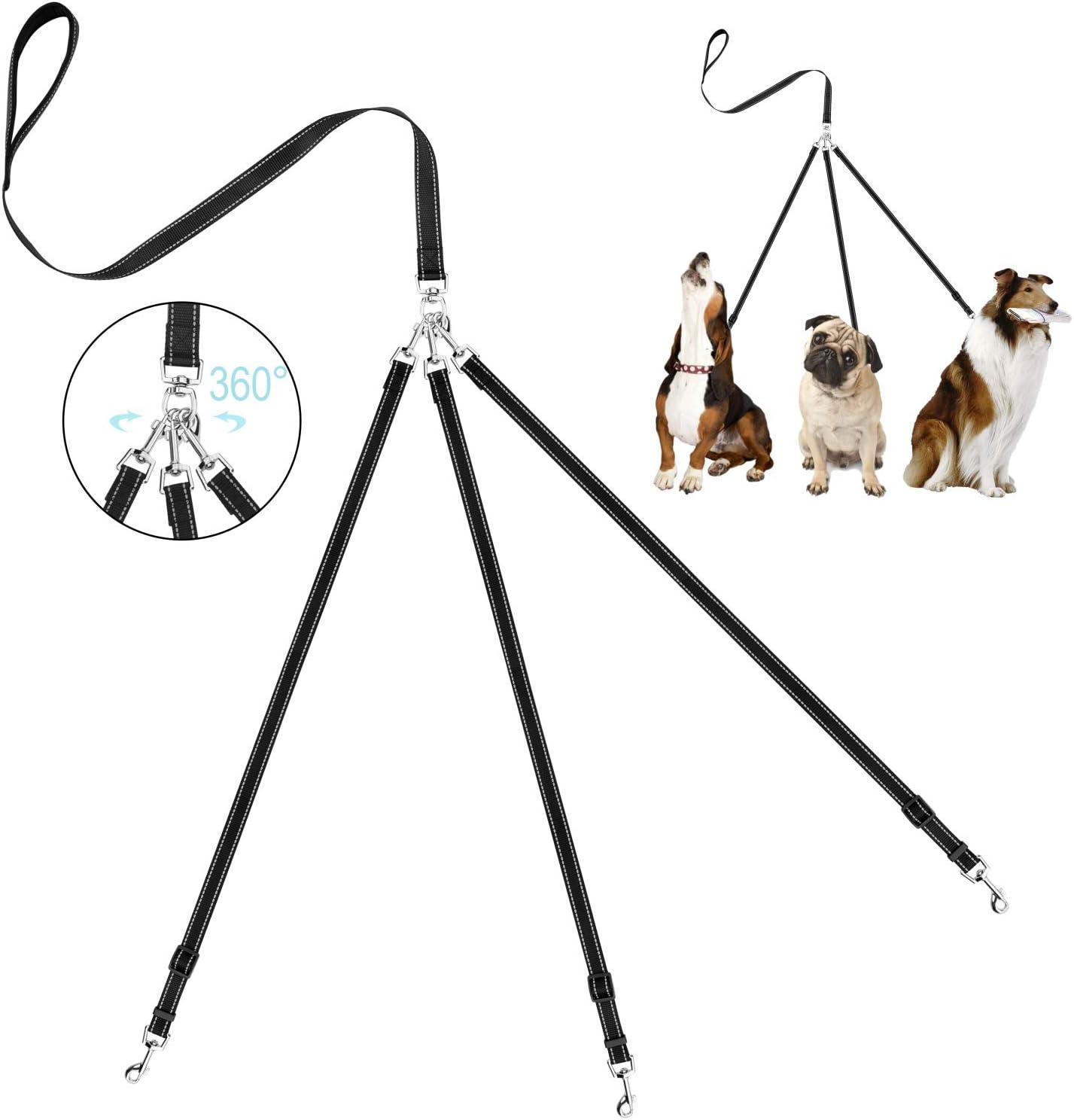OxyPlay Heavy Duty Tangle Free 3/Three Way Dog Coupler Leash with Padded Handle,Reflective Triple Braid Split Lease Pet Leash for Walking 3/2/1 Medium Large Dogs (Black)