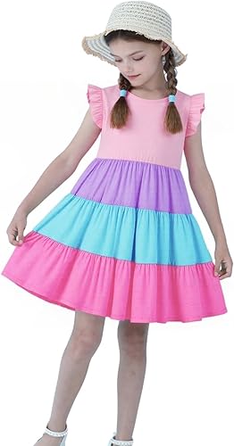 HILEELANG Vestidos de manga corta para niñas, vestido de verano de Pascua, algodón, casual, patinador, swing