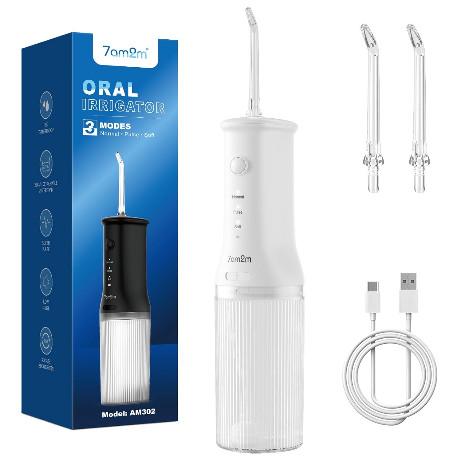 7AM2M Portable Cordless Water Flosser Oral Irrigator with 3 Modes 2 Tips Fast Rechargeable IPX7 Waterproof Dental Water
