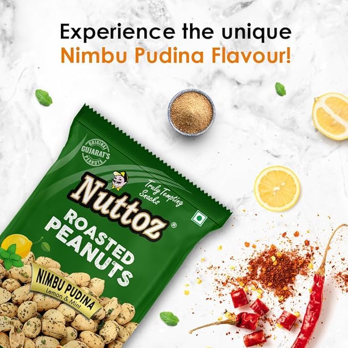 Image of Nuttoz Roasted Peanut Nimbu Pudina - Pack of 2 (140gm each) | Jumbo Roasted Moongfali | Non Fried Ready to Eat Healthy Snack | Crunchy Snack and Namkeen