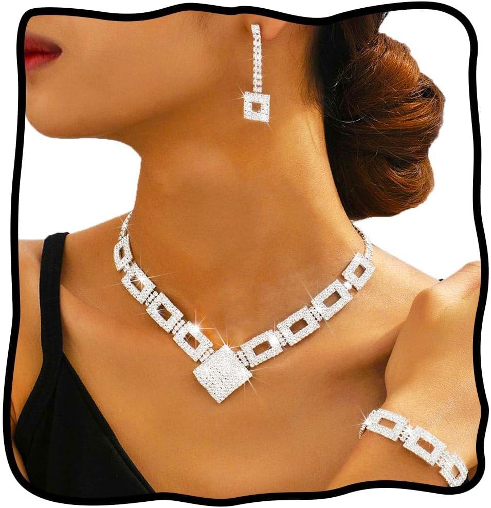 Nicute Rhinestone Bride Wedding Jewelry Set Bridal Necklace Bracelet Earrings Set Prom Costume Jewelry for Women