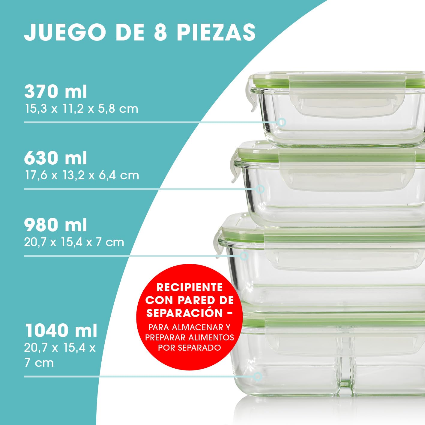 GOURMETmaxx Juego de 4 recipientes de vidrio herméticos | Aptos para el lavavajillas, el microondas y el congelador | Tapa con junta de silicona y cierre de 4 clics | Verde lima