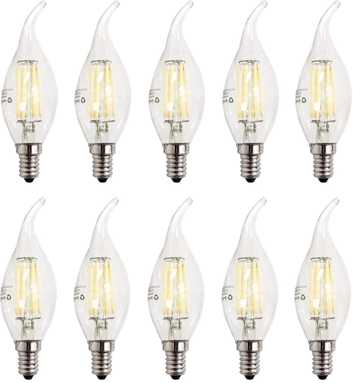 ZFQ E14 Dimmable LED Candle Light Bulbs, 6W 60W Equivalent Cool White 6500K, 600LM, C35 Bent Tip Flame Shape
