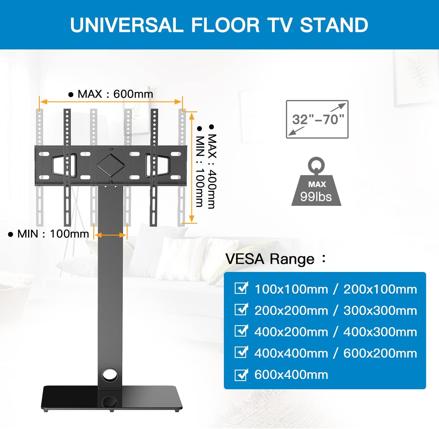 Diagram showing VESA mounting hole patterns and compatible TV sizes for the stand.