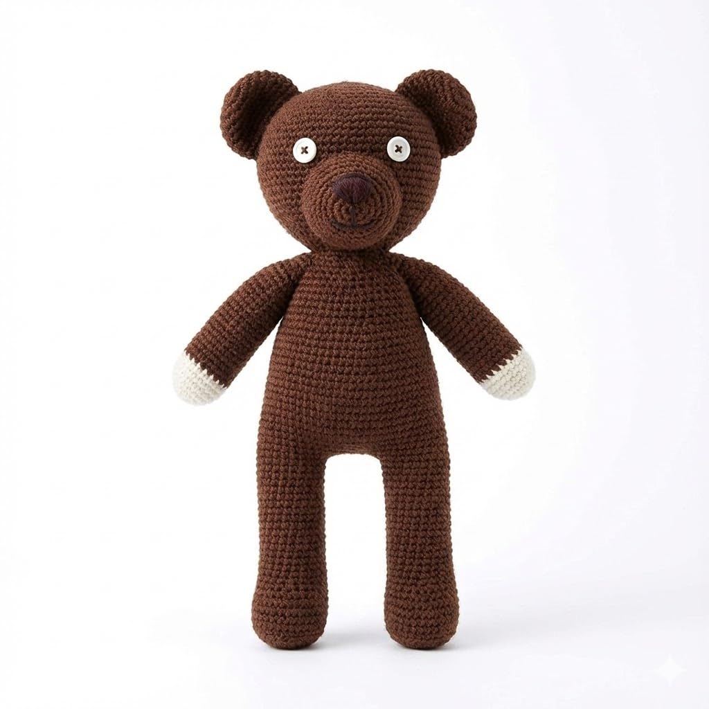 - LoopHoop Mr Bean Teddy – Handmade Crochet Bear Plush Toy, Soft & Cuddly, Brown with White Paws – Unique, Safe Gift for All Ages, Collectors, Home Décor or Plush Toy Lovers